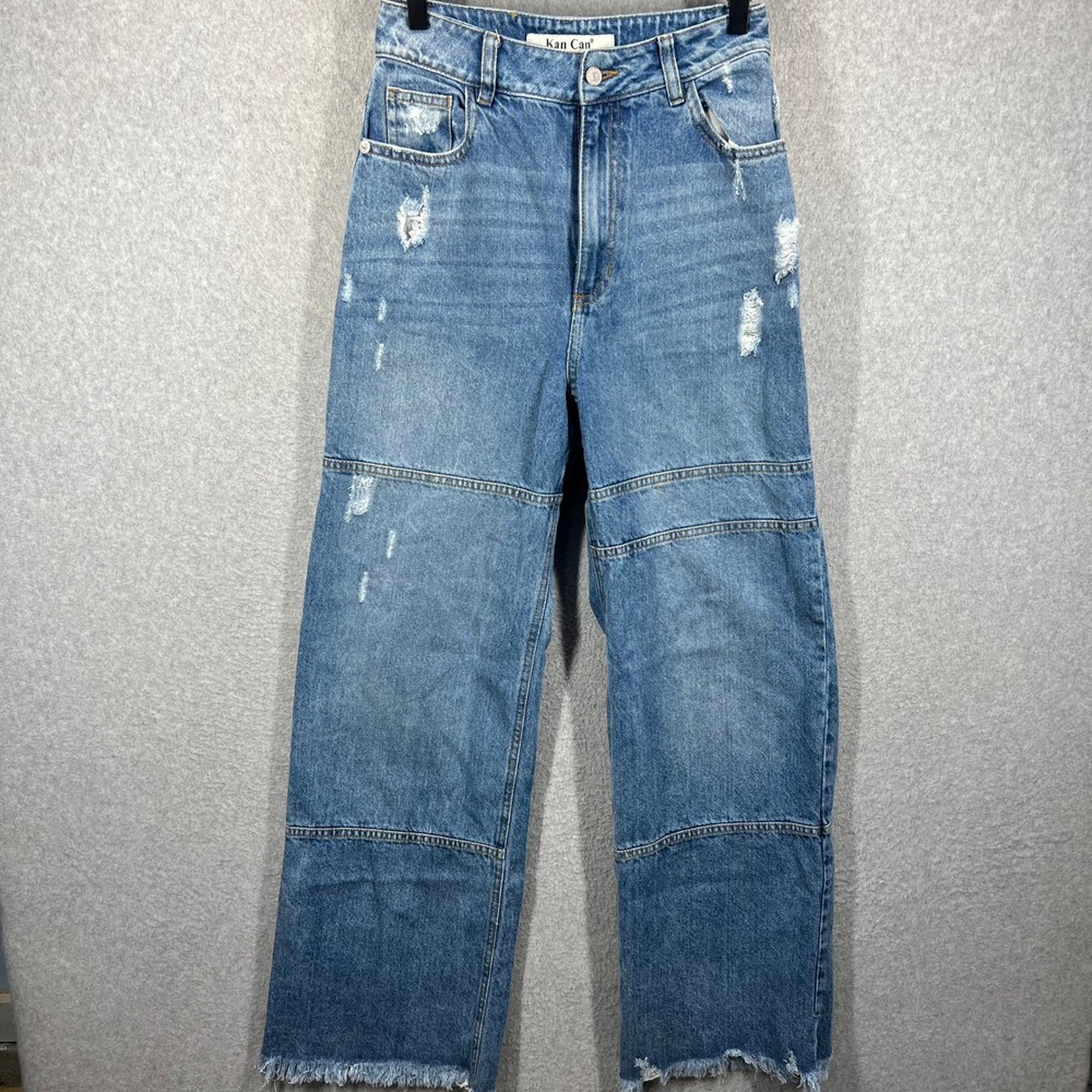 Kan Can Jeans Women 3 Blue Distressed High Rise Wide Leg Raw Hem EUC